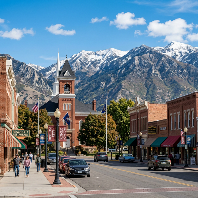 Historic Brigham City Utah with Bear River Mountains