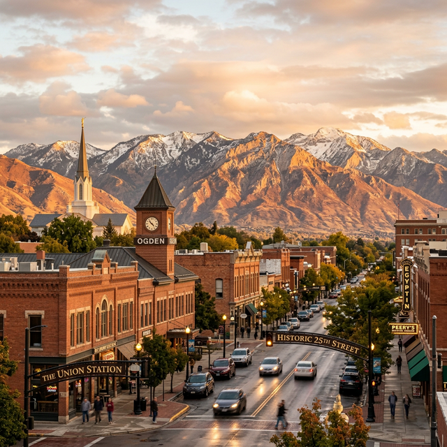Scenic view of Ogden Utah with Ben Lomond Peak
