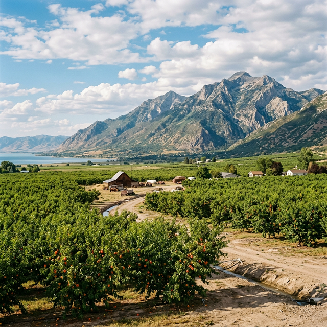 Perry Utah peach orchards with mountain backdrop